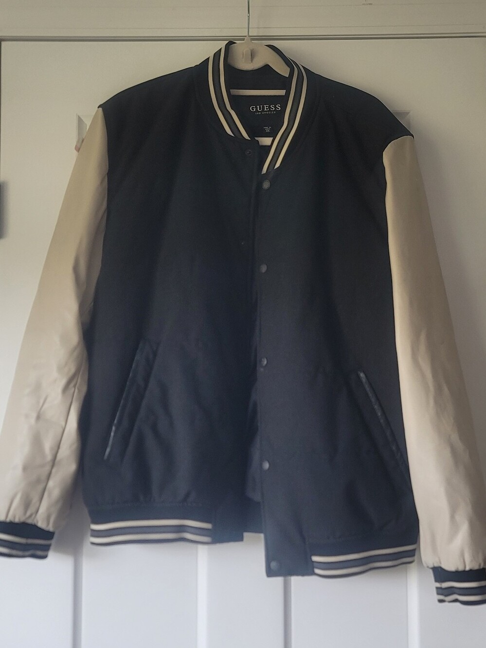 GUESS Men's Black and Cream Letterman Jacket